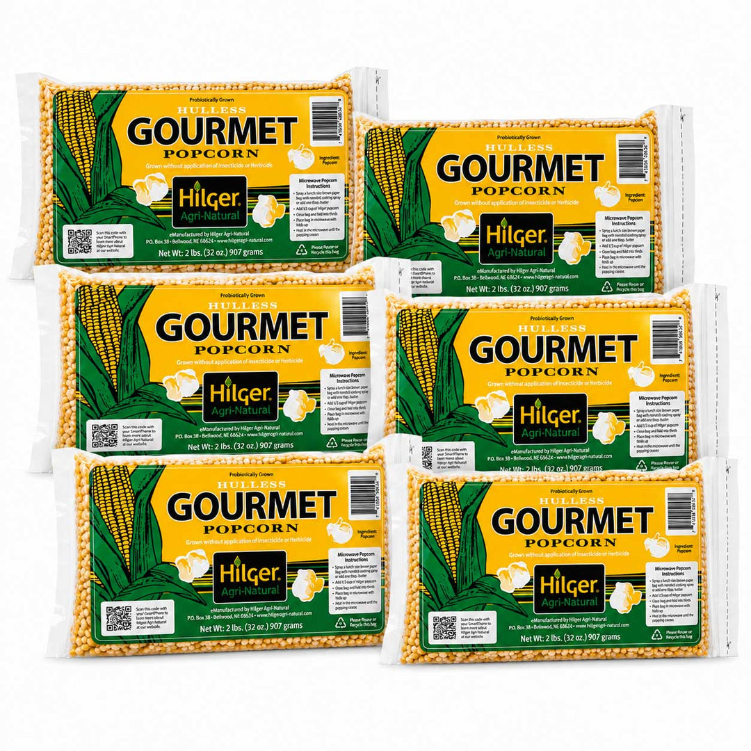 Six packages of Hilger Gourmet Popcorn arranged in two rows on a plain white background.