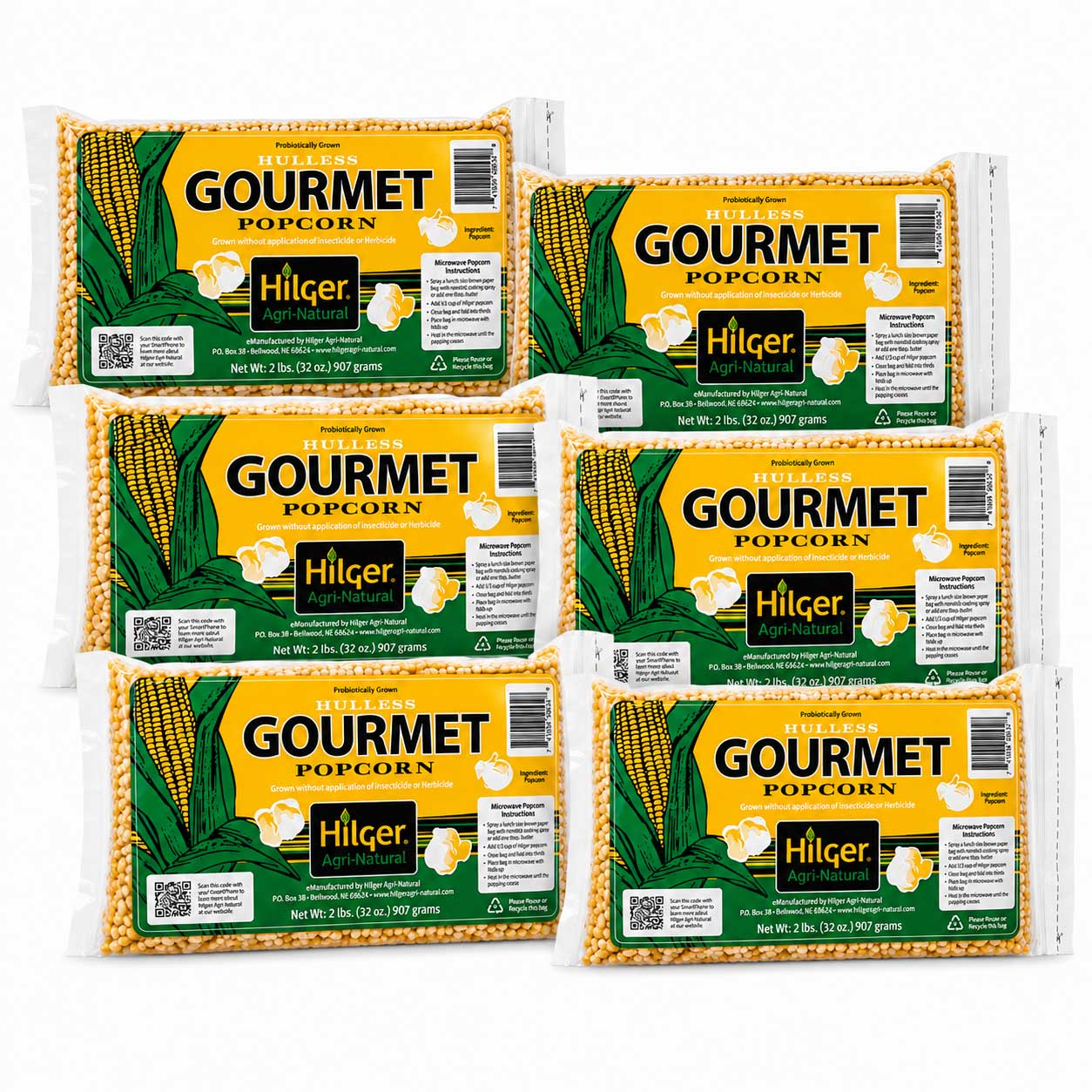 Six packages of Hilger Gourmet Popcorn arranged in two rows on a plain white background.