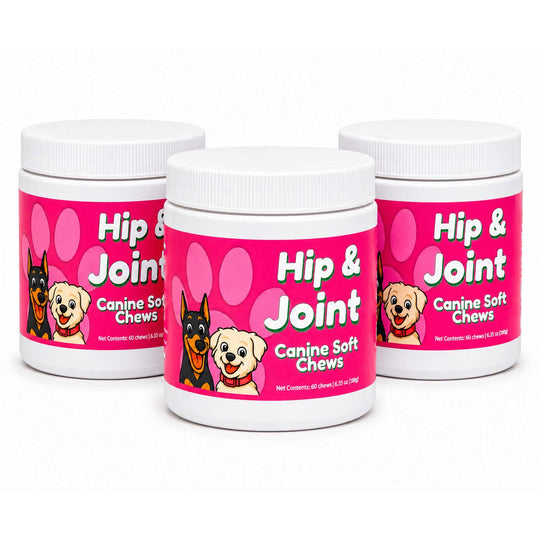 Three white plastic jars of Hip & Joint Canine Soft Chews with bright pink labels, arranged in a triangular formation on a white background.