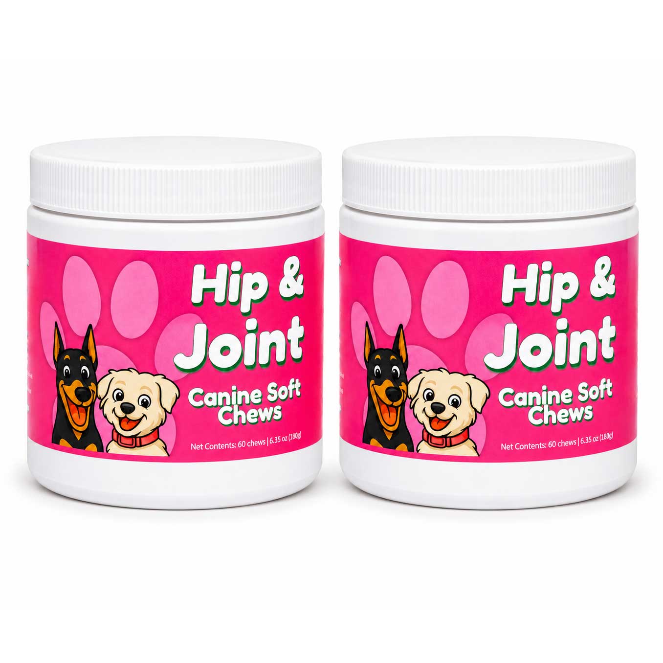 Two white plastic jars of Hip & Joint Canine Soft Chews with bright pink labels, featuring cartoon Doberman and puppy illustrations, set against a plain white background.