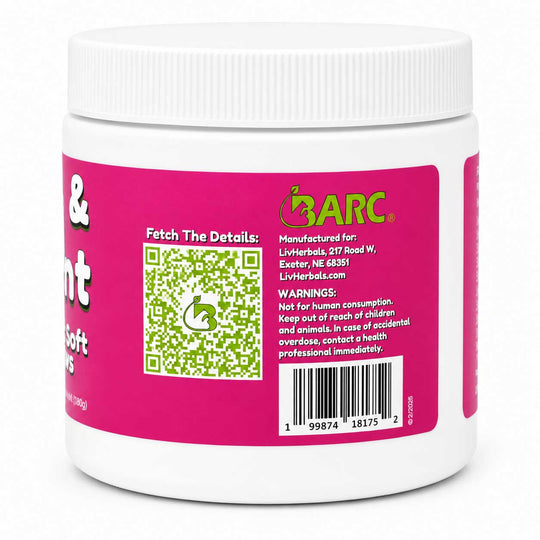 A white plastic jar of LivHerbals & Mint Soft herbal supplement, showing the side label with a bright pink background, green logo, QR code, and barcode.