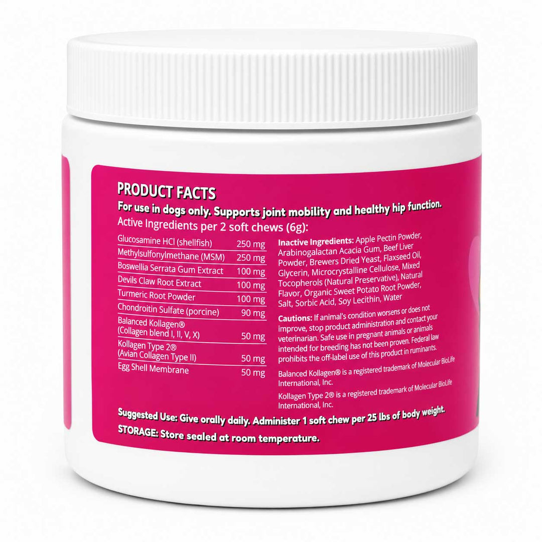 A white plastic tub of dog joint support chews with a white screw cap, showing a bright pink label with white text detailing product facts and ingredients.