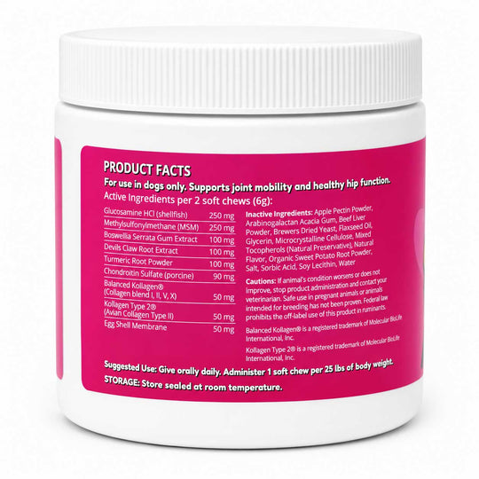A white plastic tub of dog joint support chews with a white screw cap, showing a bright pink label with white text detailing product facts and ingredients.