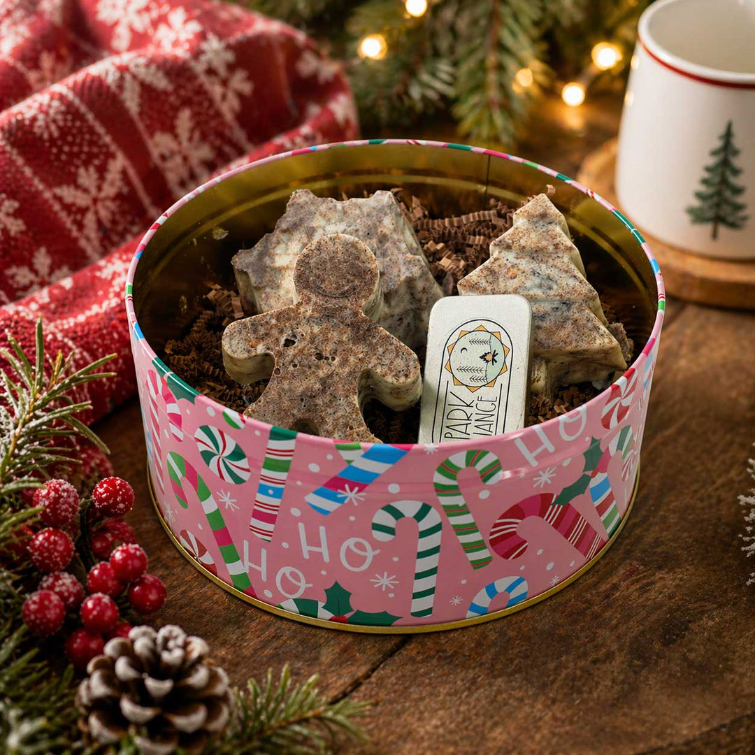Decorative tin with Christmas-themed fire starters surrounded by festive decorations on a wooden surface.