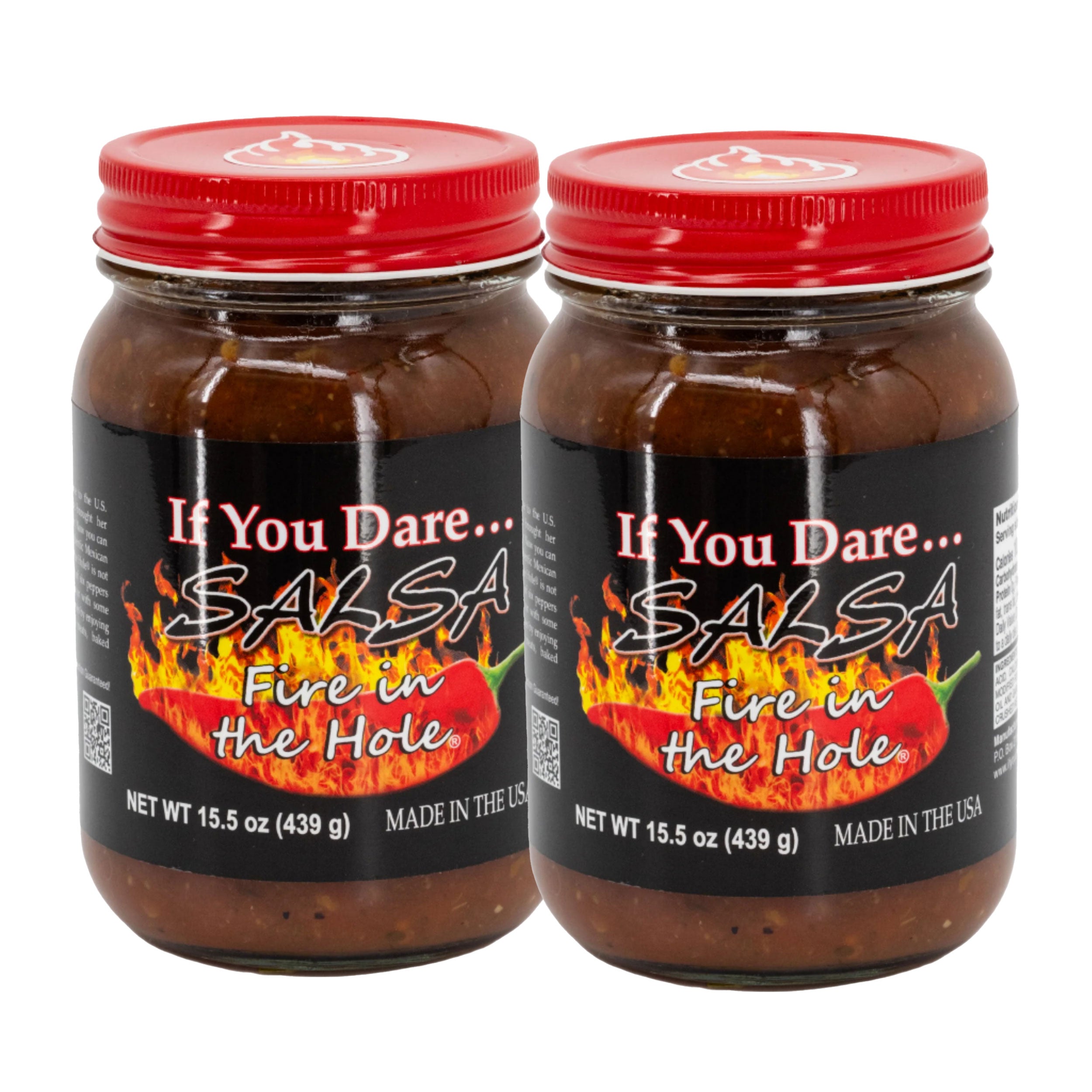 Two jars of 'If You Dare... Salsa Fire in the Hole' on a white background