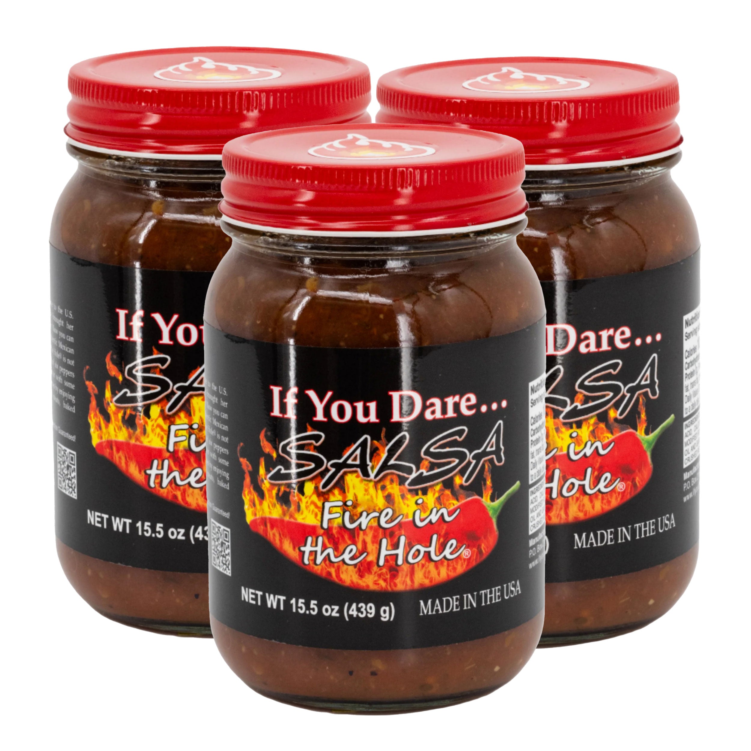 Three jars of 'If You Dare... Salsa Fire in the Hole' on a white background