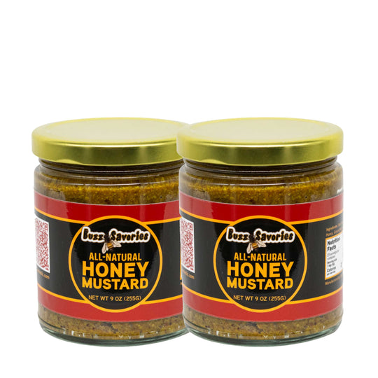 Two jars of Buzz B Weaver's All-Natural Honey Mustard on a white background