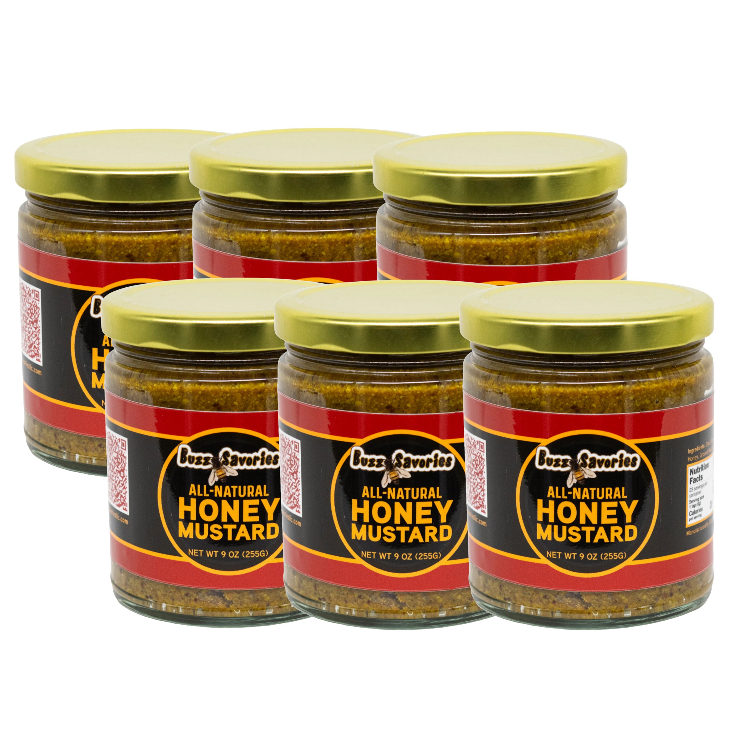 Six jars of Dave's Gourmet All-Natural Honey Mustard on a white background