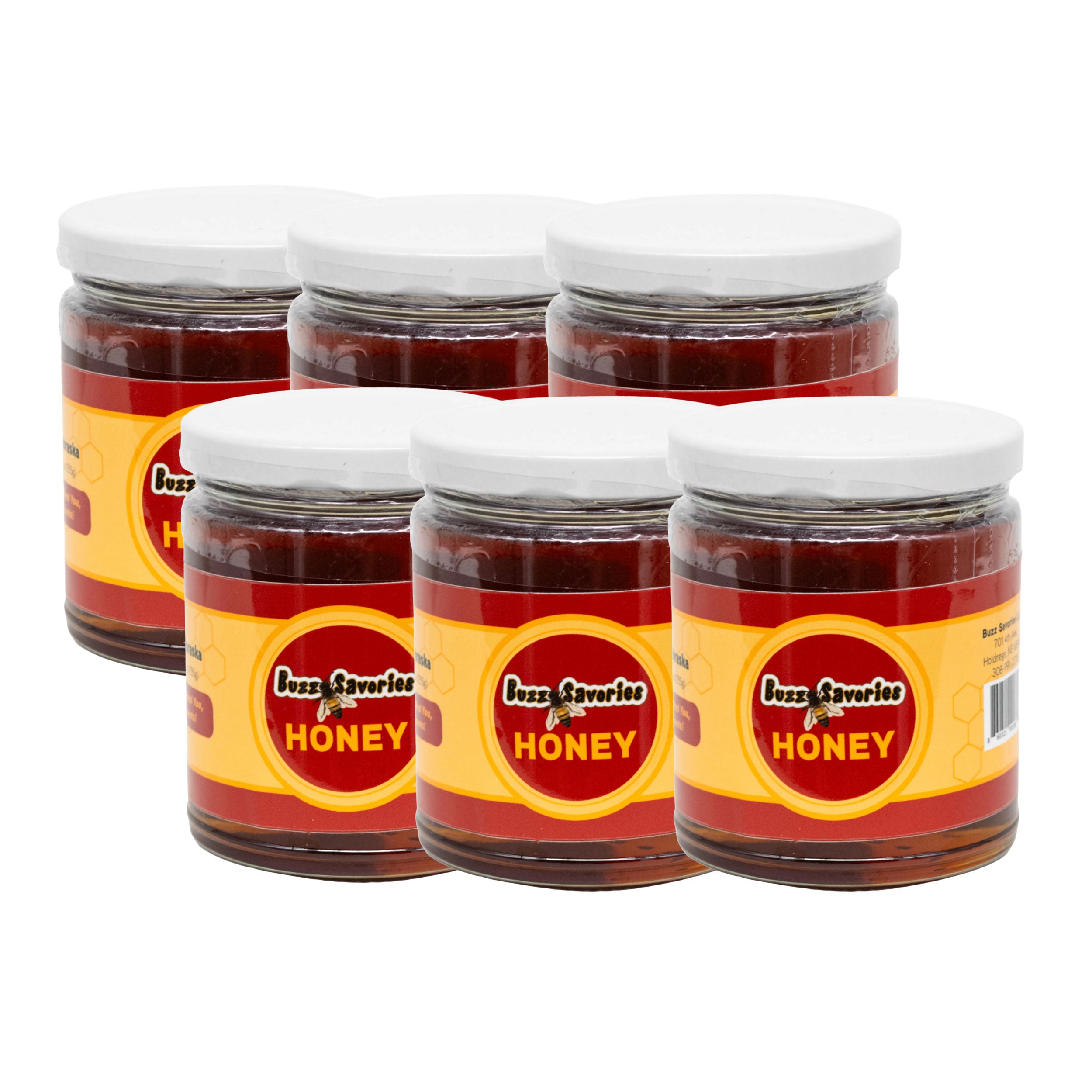 Six jars of honey with labels on a white background