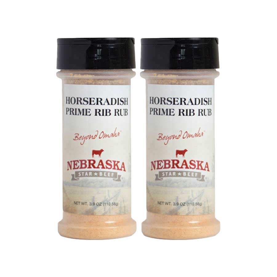 Two bottles of Nebraska Star Beef Horseradish Prime Rib Rub on a white background