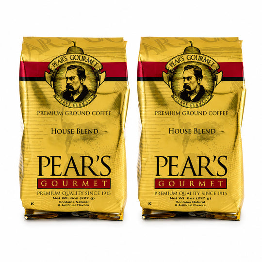 Two packages of Pear's Gourmet Premium Ground Coffee on a white background