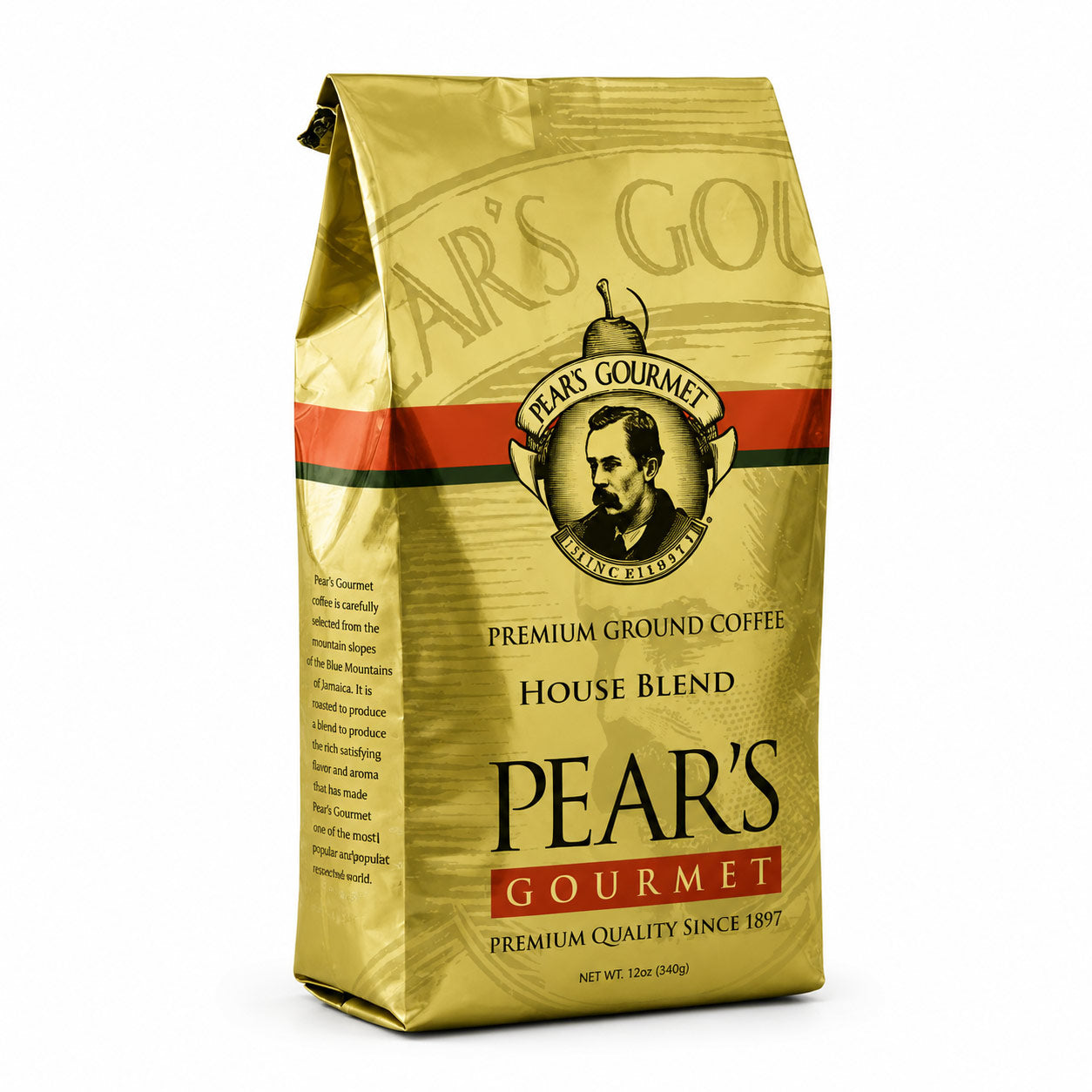 Gold coffee bag with Pear's Gourmet branding on a white background