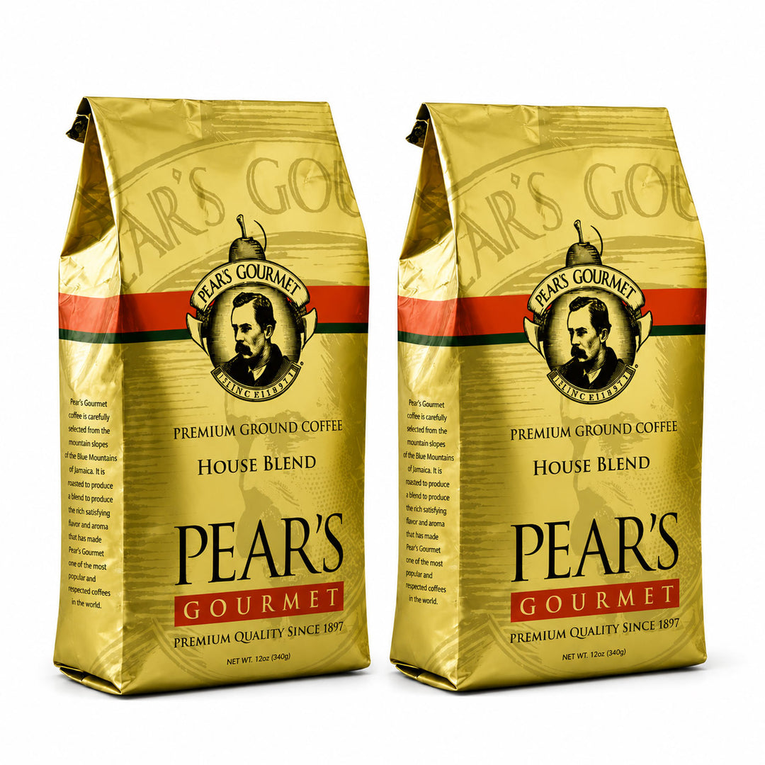 Two bags of Pear's Gourmet Premium Ground Coffee on a white background