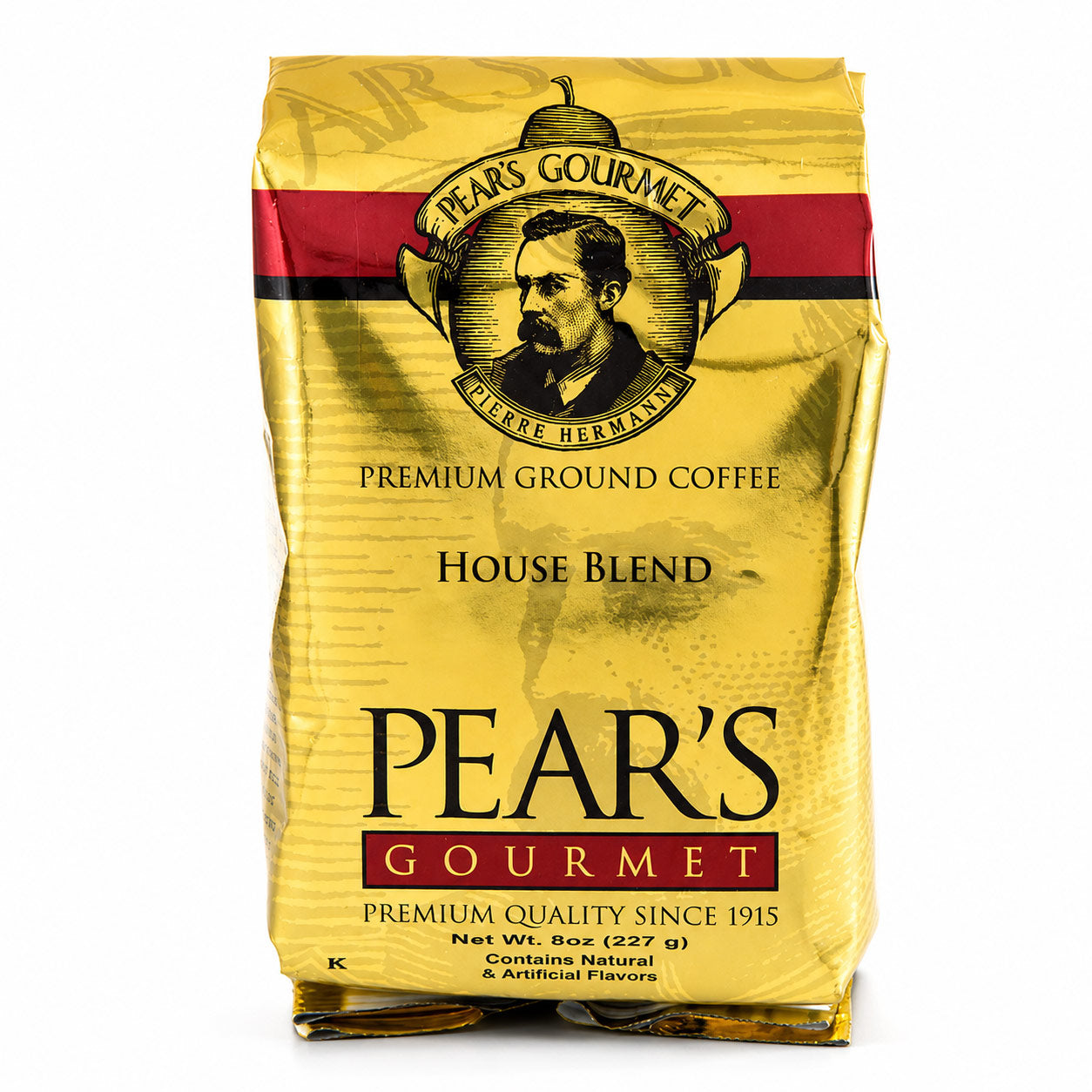 Yellow package of Pear's Gourmet premium ground coffee on a white background