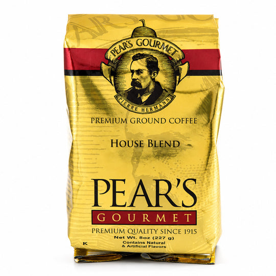 Yellow package of Pear's Gourmet premium ground coffee on a white background