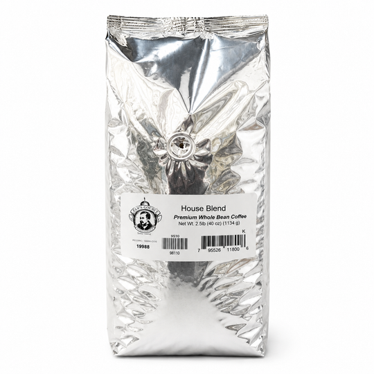Silver coffee bag labeled 'House Blend' on a white background