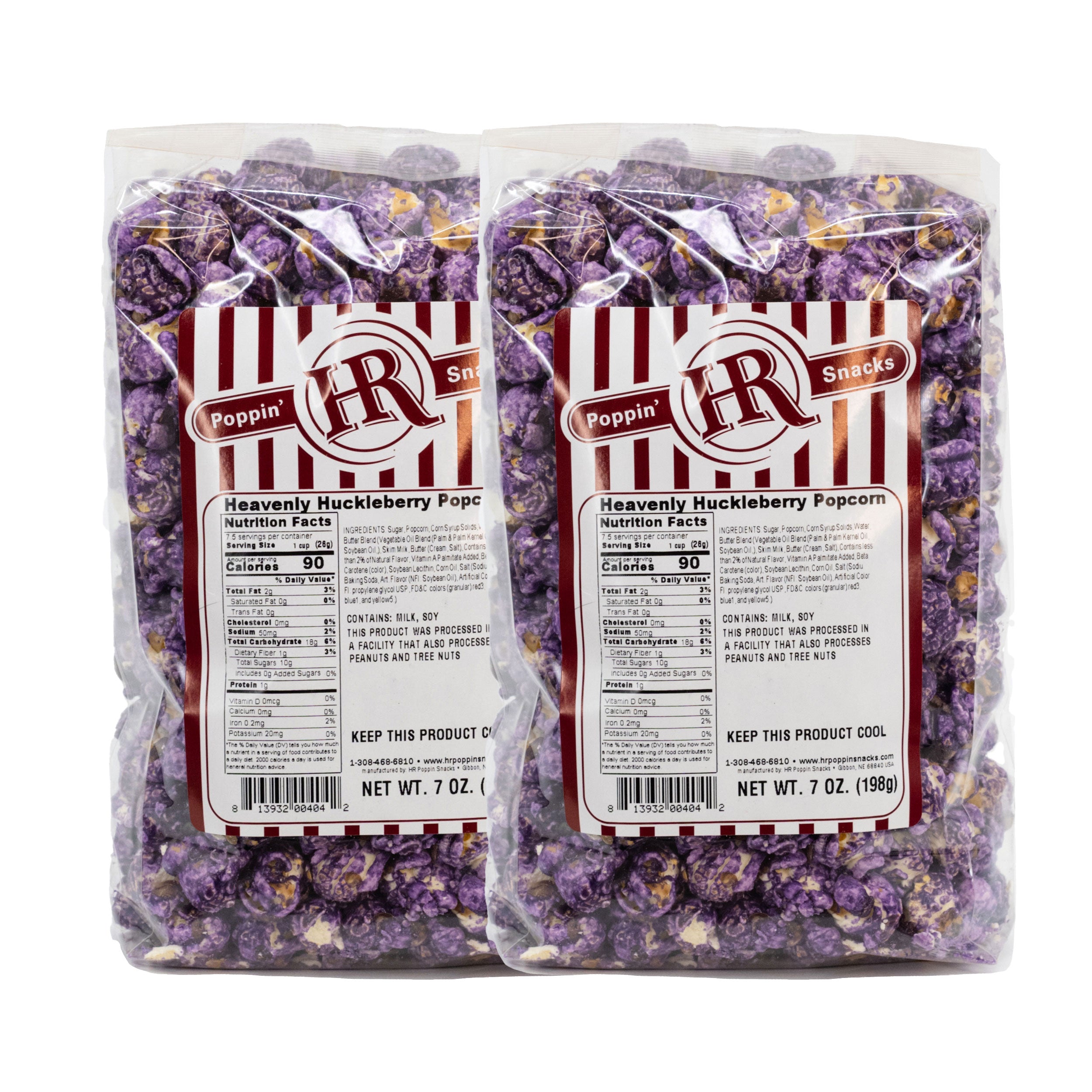 Two packages of HR Poppin' Snacks Heavenly Huckleberry Popcorn with labels on a white background.