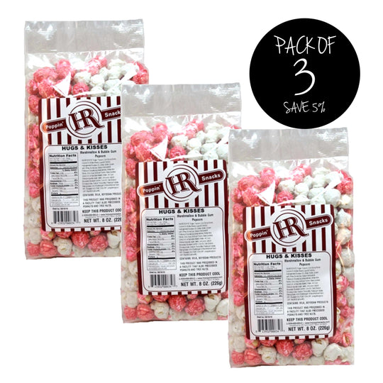 Valentine's Day Hugs & Kisses Marshmallow Flavored Popcorn | Pack of 3 | Multiple Sizes | HR Poppin' Snacks