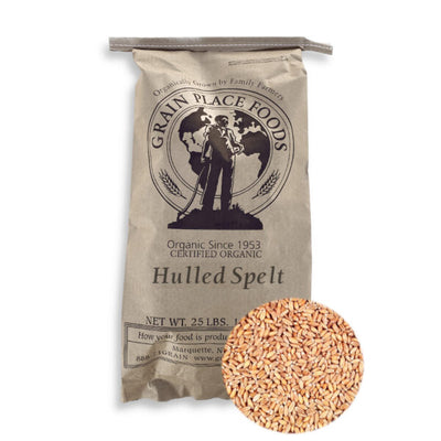 One 25 Pound Bag Of Organic Hulled Spelt On A White Background