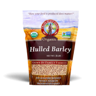 One 5 Pound Bag Of Organic Hulled Barley On A White Background