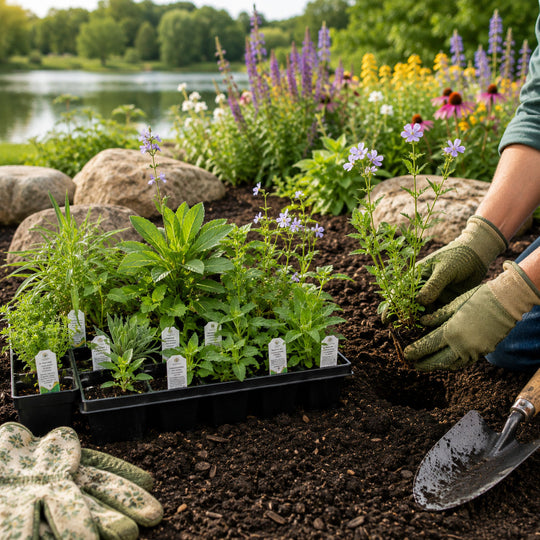 Person planting young plants in a garden with a scenic background of a lake and flowers.