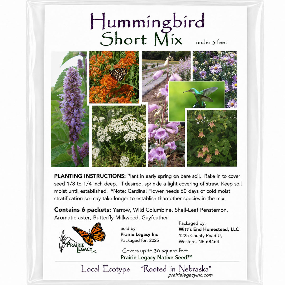 Hummingbird Short Mix seed packet with images of flowers and a hummingbird, featuring planting instructions and product details.