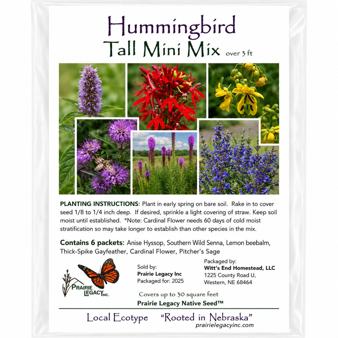 Hummingbird Tall Mini Mix seed packet with images of flowers and planting instructions.