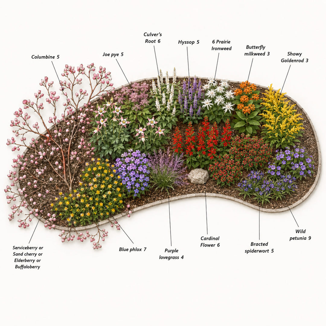 Garden bed with labeled flowers and plants on a white background
