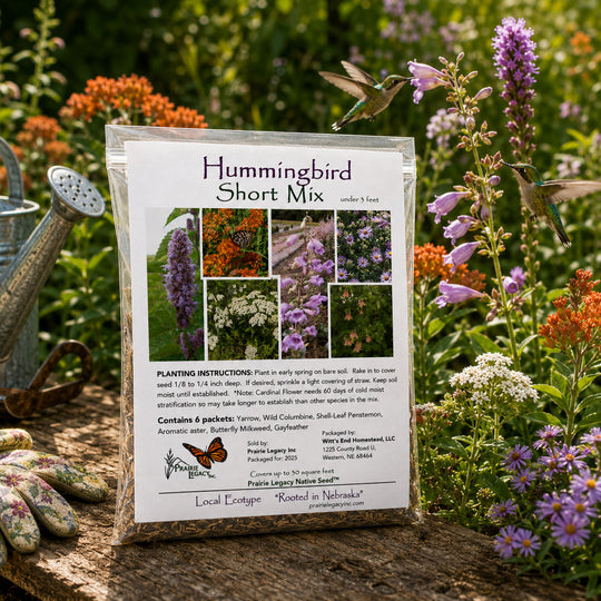 Hummingbird Short Mix seed packet with hummingbirds and flowers in the background