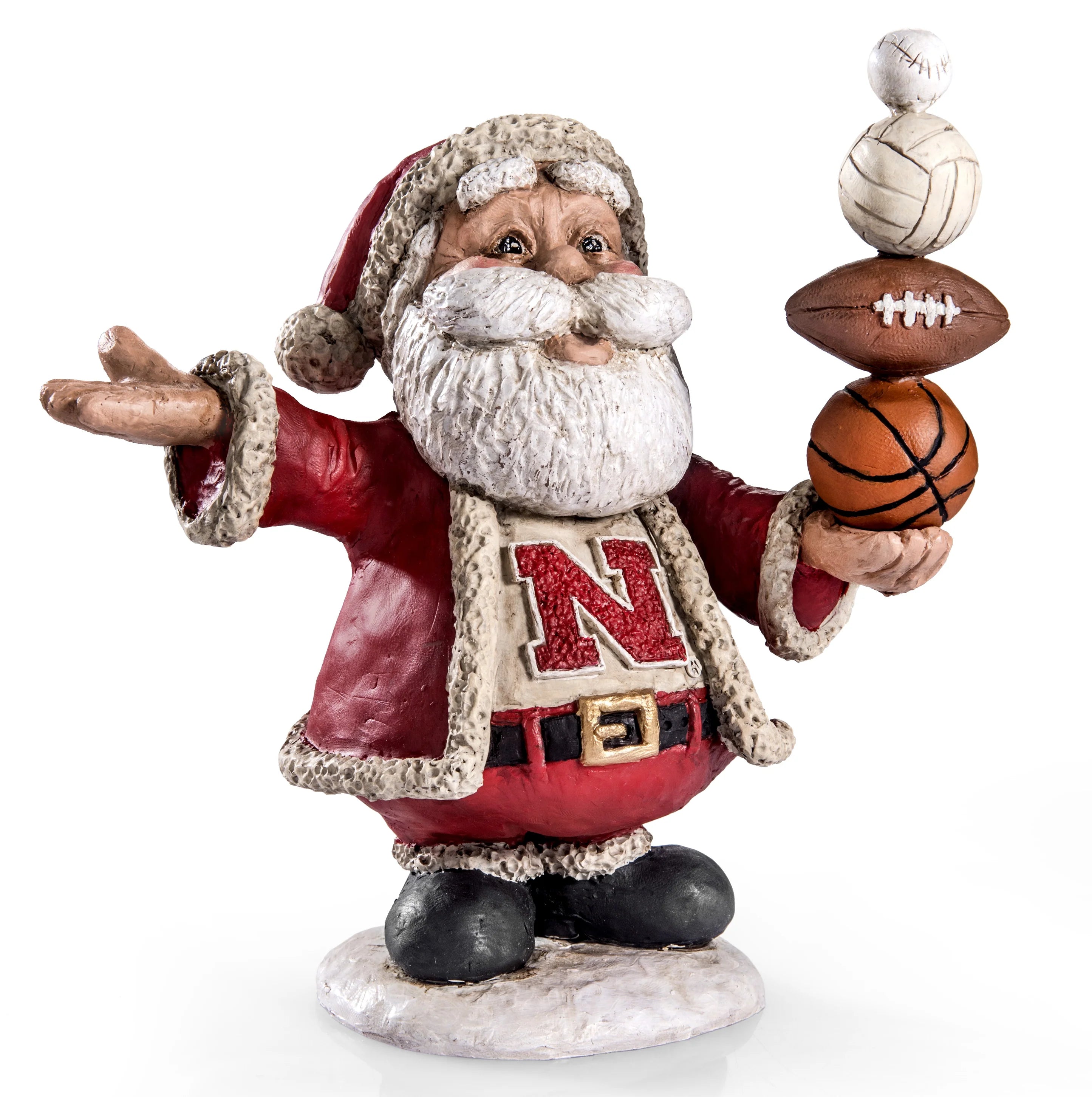 Santa Claus figurine holding sports balls with a visible 'N' on his robe against a white background