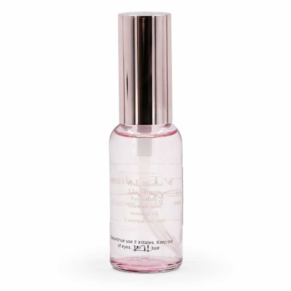 Pink skincare serum bottle with silver cap on a white background