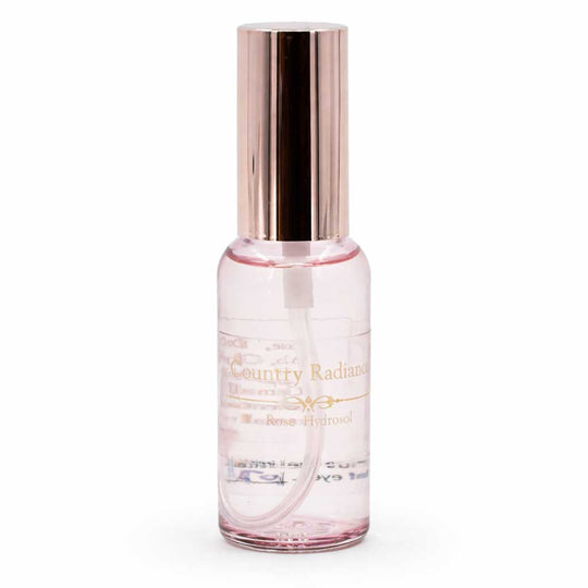 Clear bottle with rose gold cap on a white background