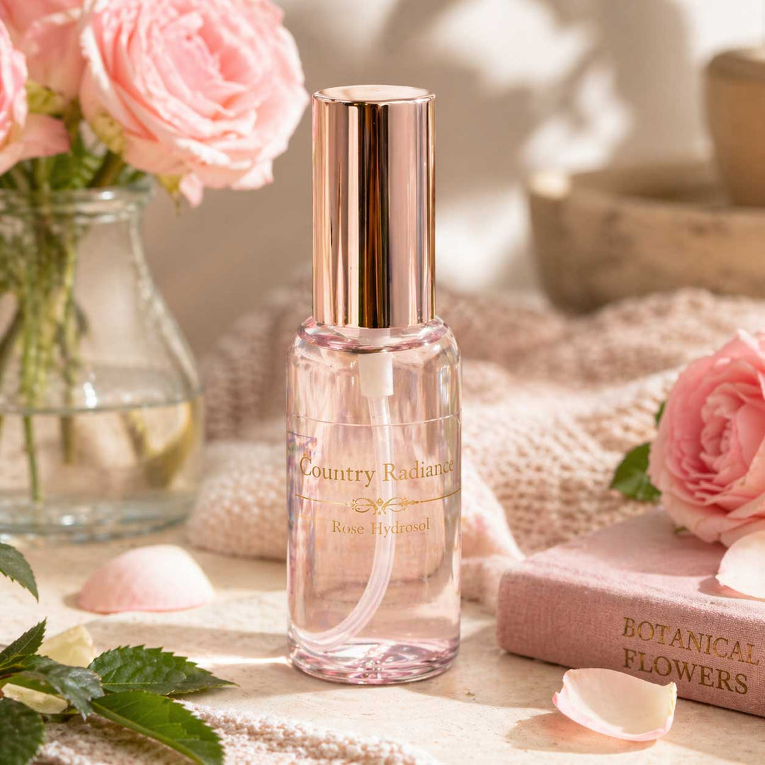 Skincare bottle labeled 'Country Radiance' with pink roses and a book in the background