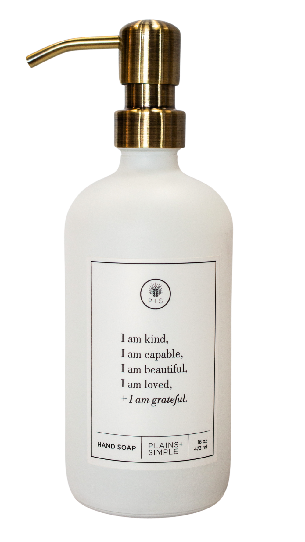 I Am Kind | White Glass Dispenser | Resuable | 16 oz. | Elevate Your Mood | Plains + Simple | Made in Seward, NE