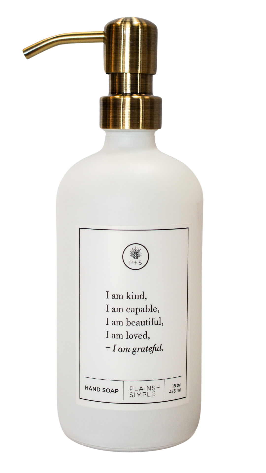 I Am Kind | White Glass Dispenser | Resuable | 16 oz. | Elevate Your Mood | Plains + Simple | Made in Seward, NE