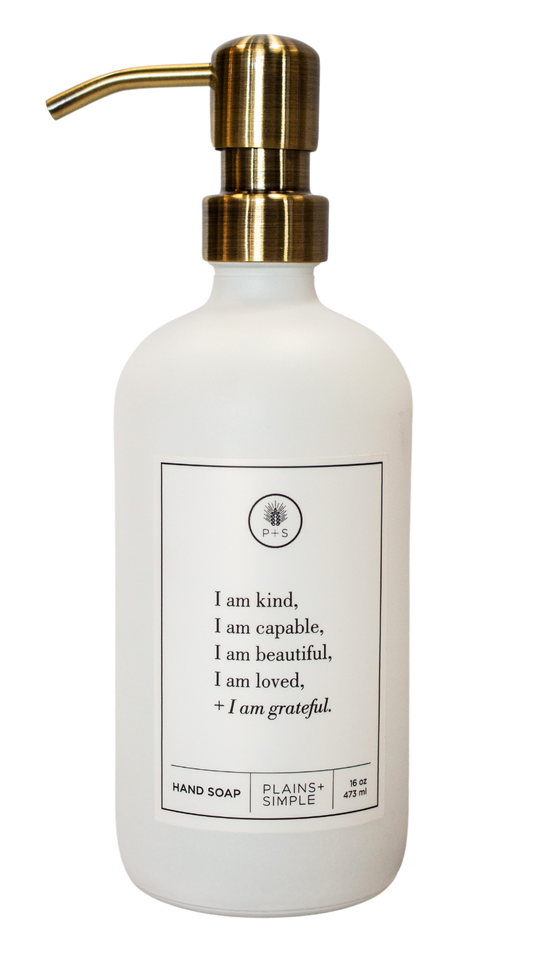 I Am Kind | White Glass Dispenser | Resuable | 16 oz. | Elevate Your Mood | Plains + Simple | Made in Seward, NE