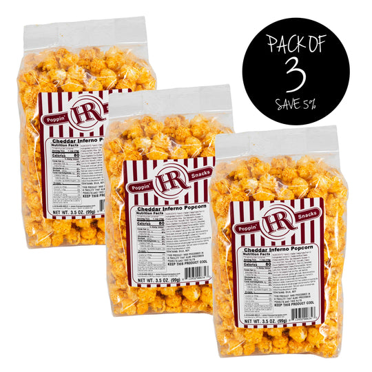 Cheddar Inferno Popcorn | Pack of 3 | 3.5 oz. | Cheesy Popcorn With A Kick | Fiery Peppers & Spices | Made in Gibbon, NE | HR Poppin' Snacks