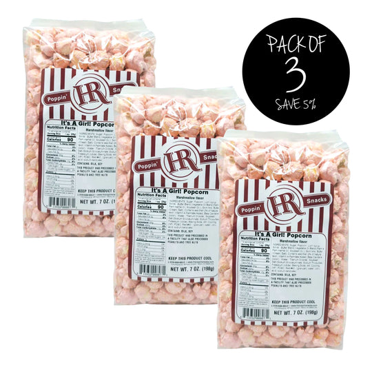 It's A Girl Pink Popcorn | 7 oz. | Pack of 3 | Shipping Included | Marshmallow Flavor | Pink Party | Made in Gibbon, NE | HR Poppin' Snacks