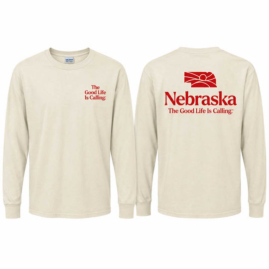 Two views of a cream long-sleeve t-shirt on a white background. The front view shows red text on the left chest reading 'The Good Life Is Calling:'.