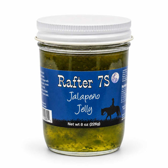 Jar of Rafter 7S Jalapeño Jelly with blue label on a white background