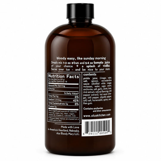 Back view of an amber brown bottle with a black cap, showing the white printed nutrition facts label and ingredients list on a clean white background.