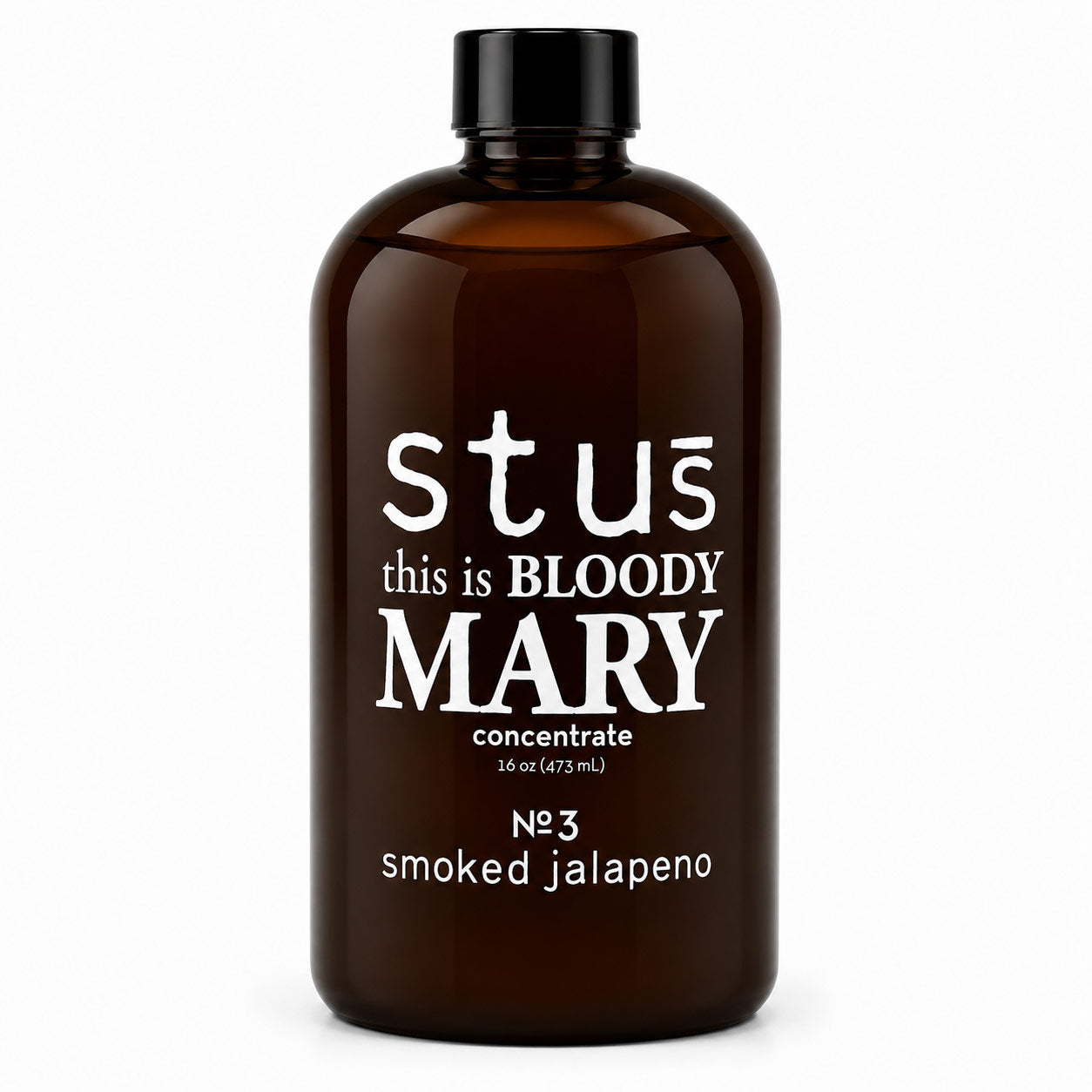 An amber glass bottle with a black cap, featuring white text that reads 'stús this is BLOODY MARY concentrate' and 'N°3 smoked jalapeno' on a plain white background.