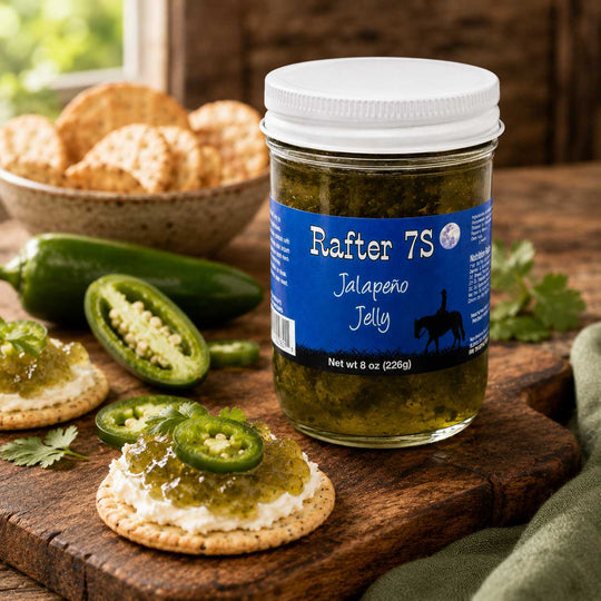 Jar of Rafter 7S Jalapeno Jelly on a wooden board with crackers and jalapenos.