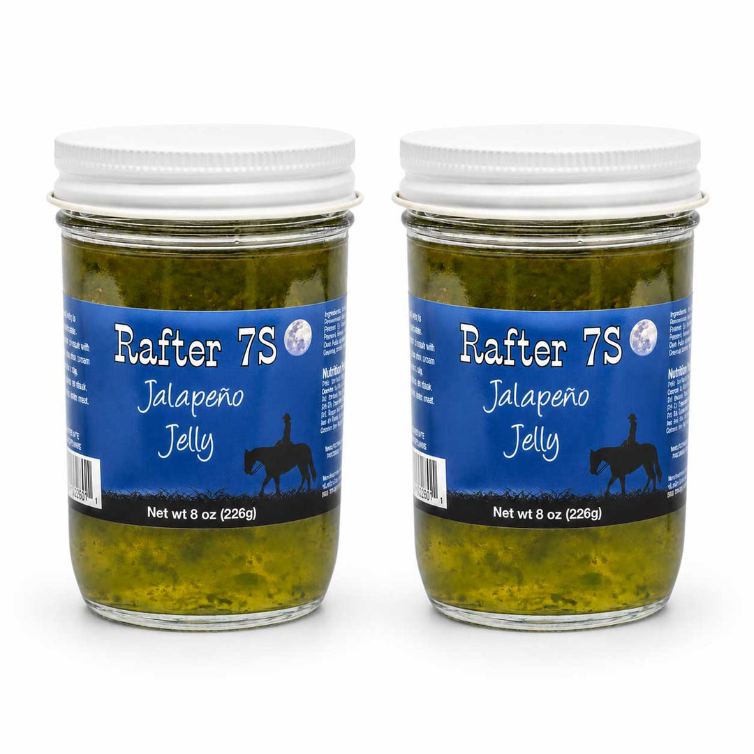 Two jars of Rafter 7S Jalapeño Jelly on a white background