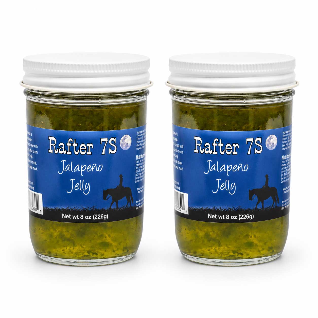 Two jars of Rafter 7S Jalapeño Jelly on a white background
