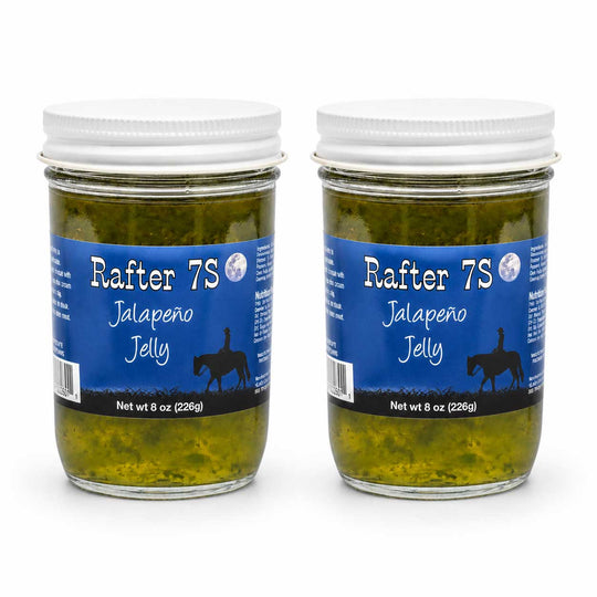 Two jars of Rafter 7S Jalapeño Jelly on a white background
