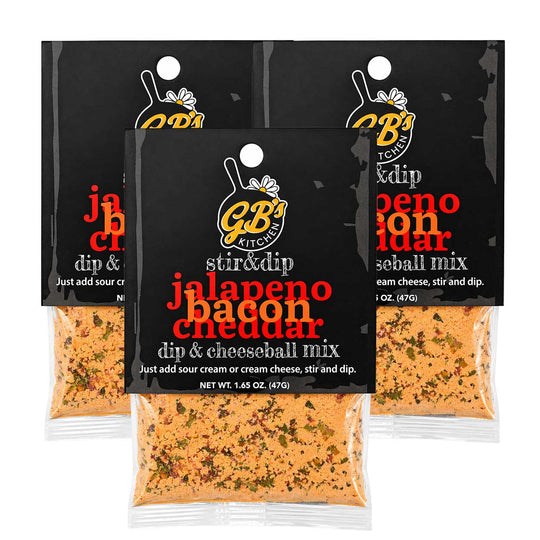 Three packages of G&B's Jalapeno Bacon Cheddar dip & cheeseball mix on a white background.
