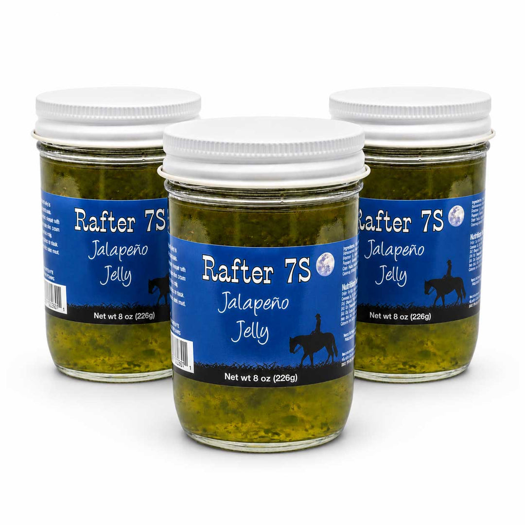Three jars of Rafter 7S Jalapeño Jelly on a white background