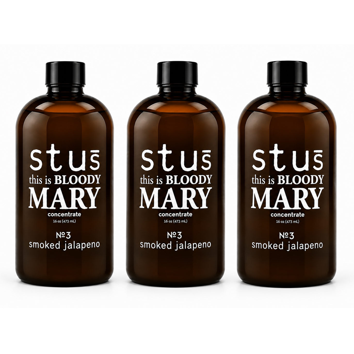 Three amber glass bottles with black caps and white text reading 'st us this is BLOODY MARY concentrate No.3 smoked jalapeno' on a clean white background.