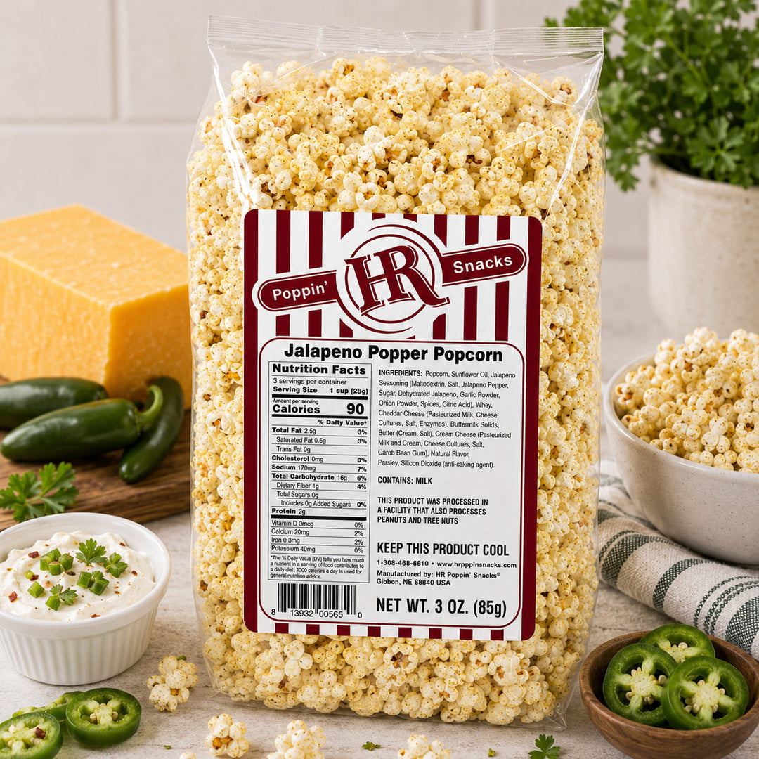A 3 oz bag of Poppin' Snacks Jalapeño Popper Popcorn stands on a kitchen counter surrounded by ingredients and popcorn. The bag is clear plastic showing the golden popcorn inside, with a red and white striped label.